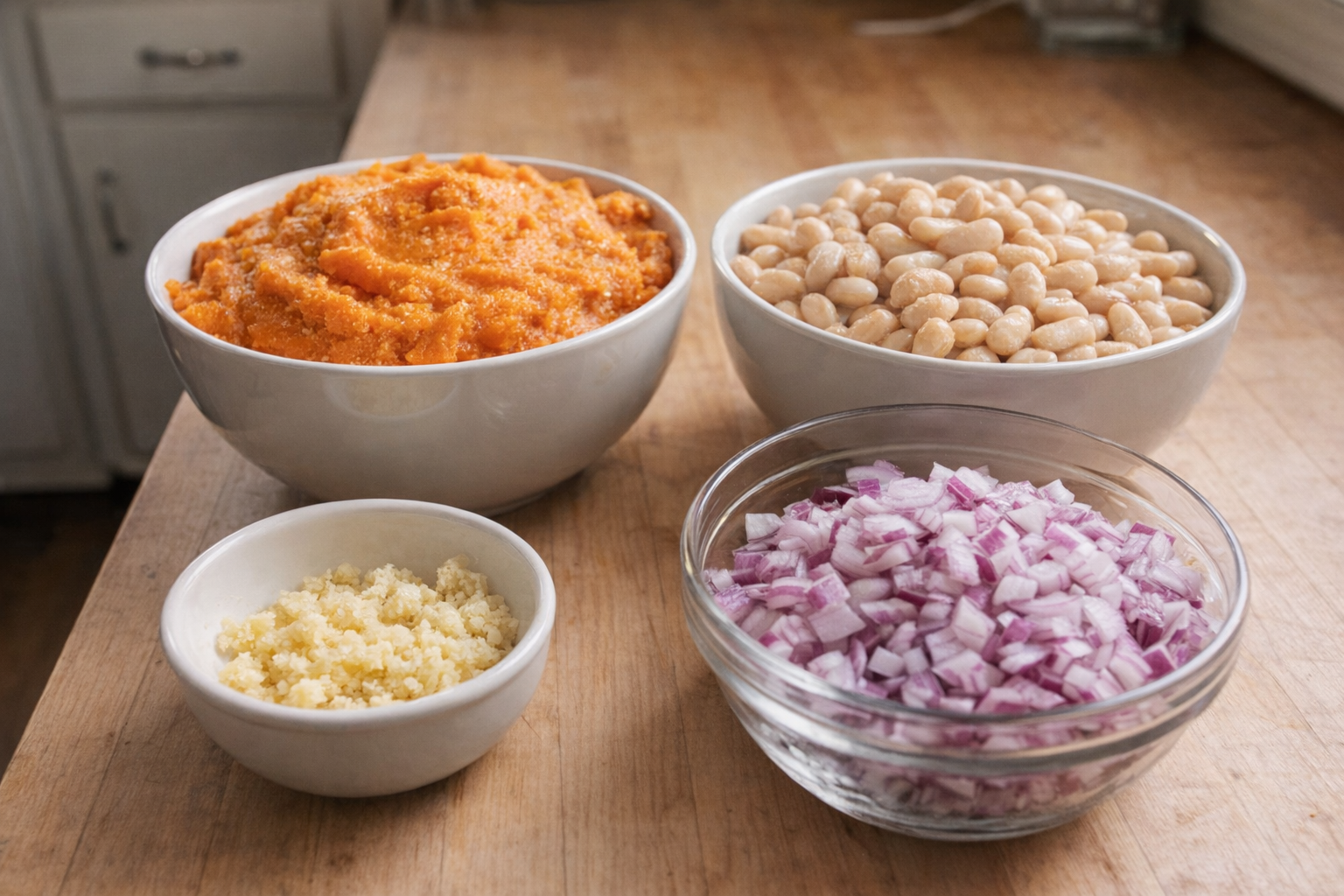 A close-up shot of mashed sweet potatoes, drained and rinsed white beans, minced garlic, and diced red onion in separate bowls, ready for mixing, natural daylight